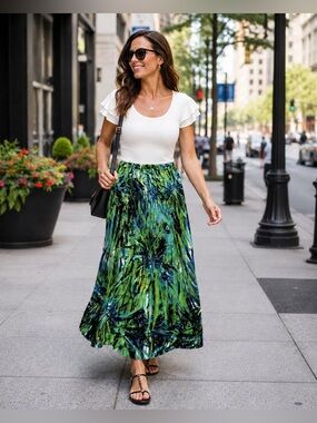 Tropical Green & Blue Maxi Skirt with Elastic Waist - XL